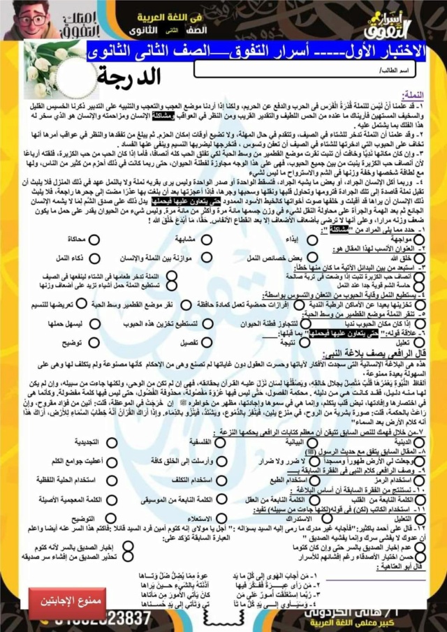 الثانى -  نماذج امتحان اللغة العربية للصف الثاني الثانوى الترم الثانى 2024 بالاجابة PDF أ. هاني الكردوني  3_img208