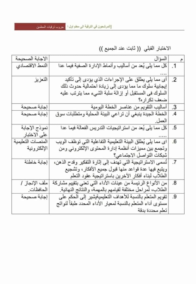 ترقيات المعلمين 2024 اسئلة اختبارات فئة معلم اول 43237310