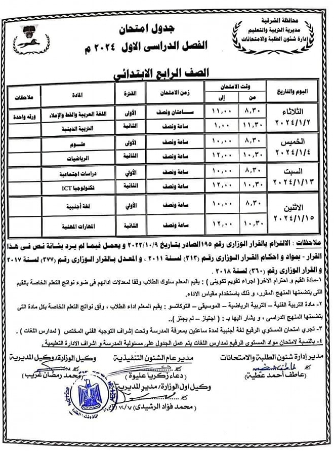 جدول امتحانات الصف الرابع الإبتدائي الترم الأول 2023 محافظة الشرقية بعد التعديل Scre1015