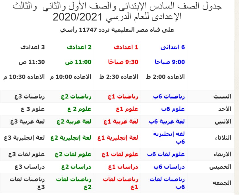 جدوال البرامج التعليمية للعام الدراسي ٢٠٢٠-٢٠٢١ بدءا من الصف السادس الابتدائي حتي الصف الثالث الثانوي قناة مصر التعليمية تردد ١١٧٤٧/v/٢٧٥٠٠ - Educ 1 1262110