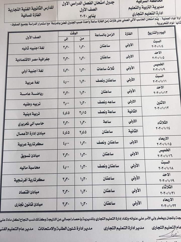 جدول امتحانات الصف الأول الثانوى التجارى ترم أول2020   77240910