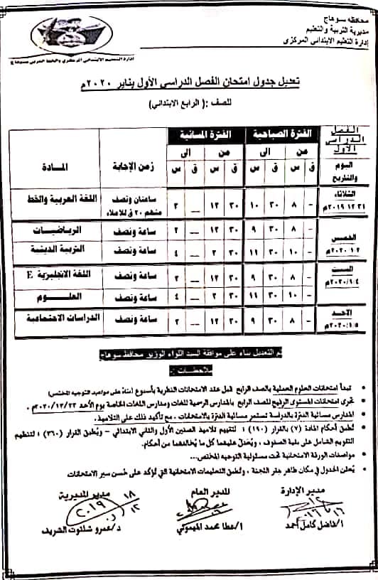 تعديل  فى جدول امتحان الصف الثالث والصف الرابع الابتدائي الفصل الدراسي الأول للعام ٢٠١٩/٢٠٢٠ -  سوهاج 80230910