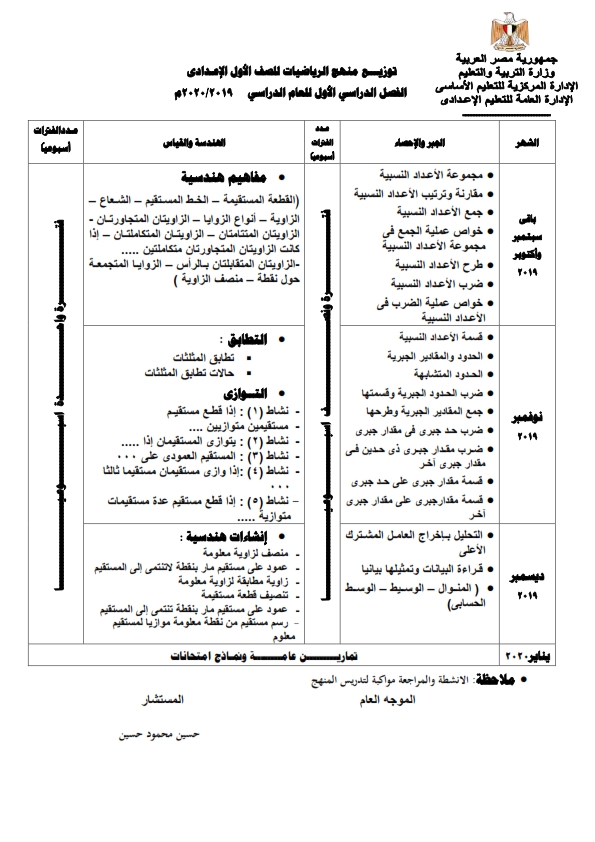 توزيع منهج الرياضيات للصف الأول الإعدادى ترمين 2020  Eia__i10