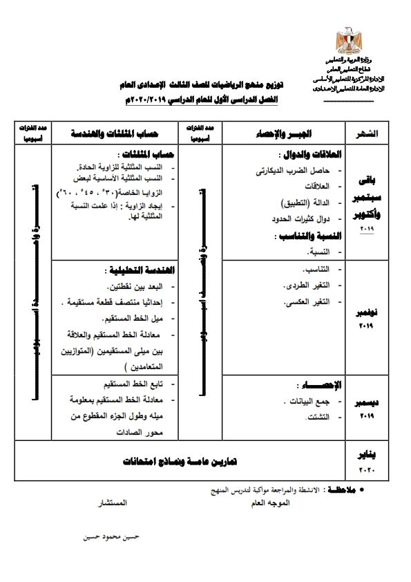 توزيع منهج الرياضيات للصف الثالث الإعدادى ترمين 2020  Oao__e10