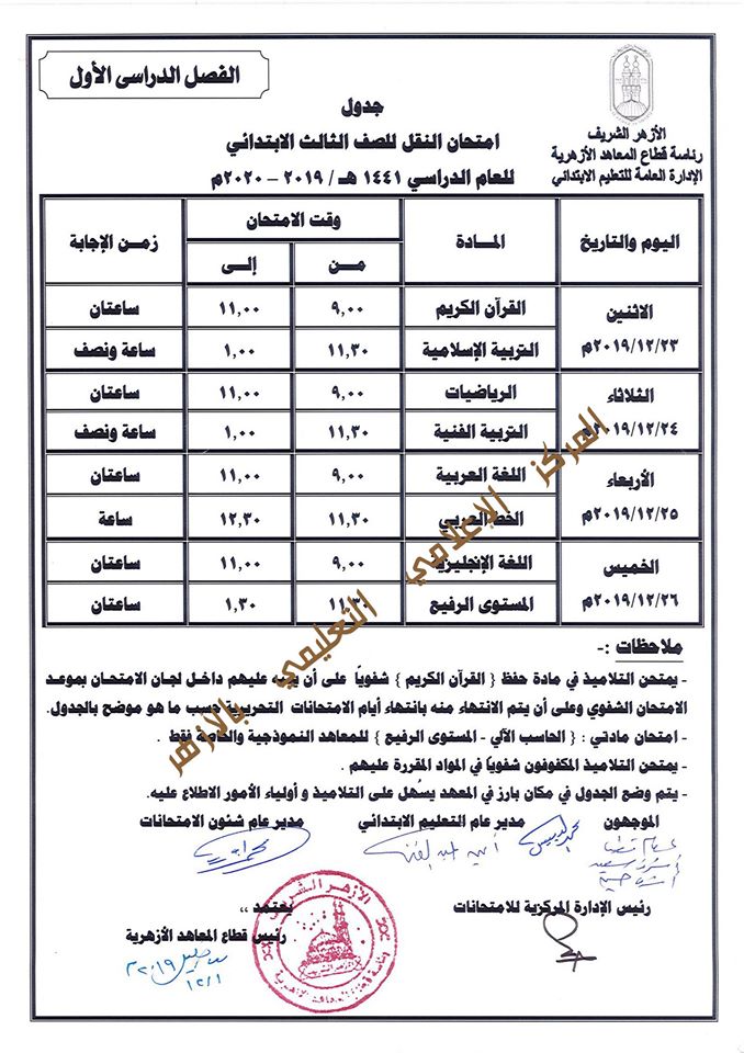 جدول امتحانات المعاهد الأزهرية  الصف الثالث الإبتدائى  ترم أول2020 Oao_o19