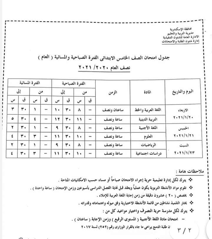 جداول امتحانات الصف الخامس الإبتدائى ترم أول 2021   " للقاهرة و الجيزة و الإسكندرية Ya_aia10