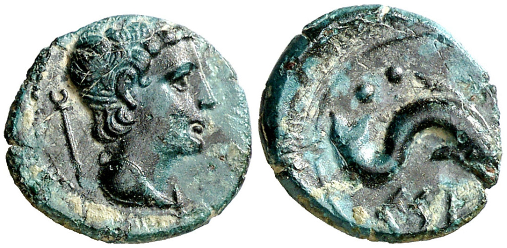 Kese. Seiseno. Cabeza masculina a derecha, mantel en cuello, detrás caduceo/ Delfín a derecha, encima dos glóbulos, debajo leyenda KESE núm. 6. Emisiones de 24 monedas en libra, de principios del s. II ac. ACIP 1134 R5 009812