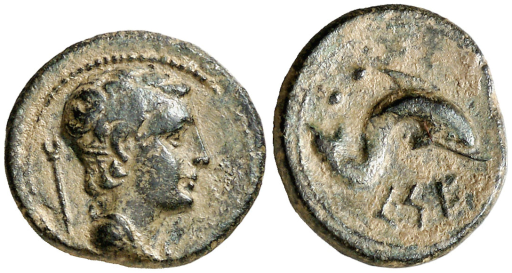 Kese. Seiseno. Cabeza masculina a derecha, mantel en cuello, detrás caduceo/ Delfín a derecha, encima dos glóbulos, debajo leyenda KESE núm. 6. Emisiones de 24 monedas en libra, de principios del s. II ac. ACIP 1134 R5 011110