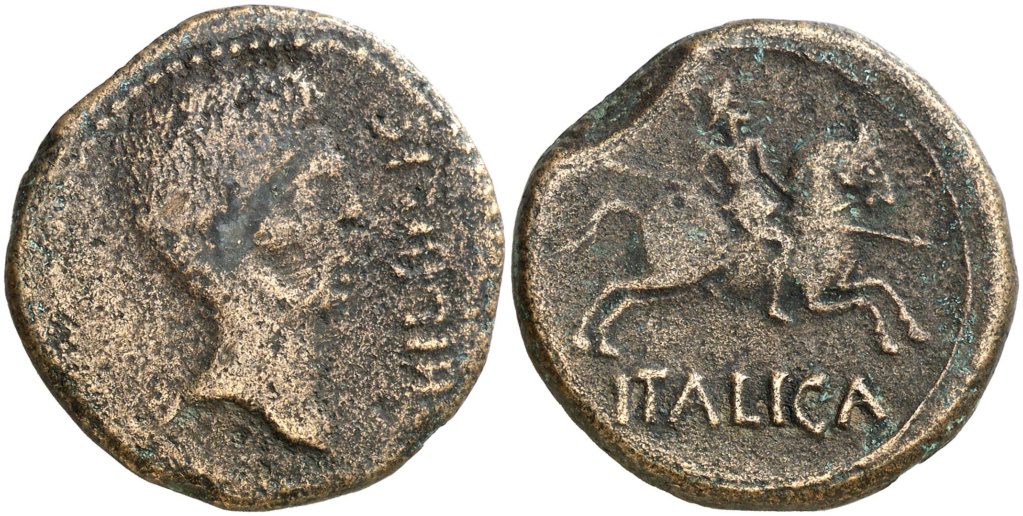 Bilbilis. As. Cabeza masculina a derecha, delante leyenda BILBILIS/ Jinete con lanza a derecha, debajo ITALICA. Emisiones anteriores al 27 ac, ACIP 1582 R4 0174_110
