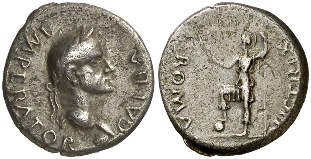 Tarraco. Denario. Cabeza laureada de Galba a derecha, con globo al final, GALBA IMP/ Roma con casco vestida de militar en pie a izq, pisando globo, mano alzada con rama y lanza vertical, ROMA VICTRIX. Emisiones a nombre de Galba, 68-69 dc. ACIP 4191 102710