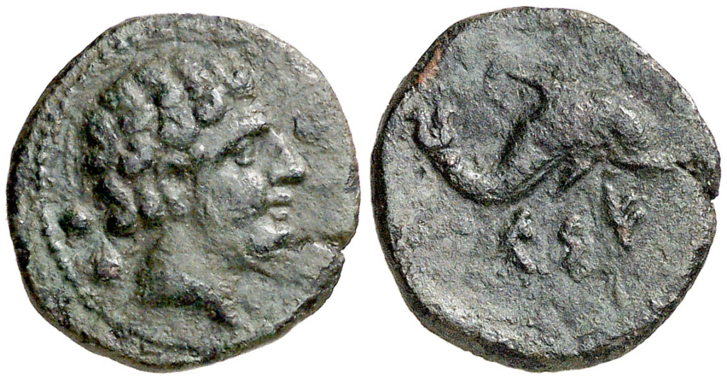 Kese. Sexto. Cabeza masculina a derecha, detrás dos glóbulos/ Delfín a derecha, debajo leyenda KESE núm. 6. Emisiones de 24 monedas en libra, de principios del s. II ac. ACIP 1120 R8 106610