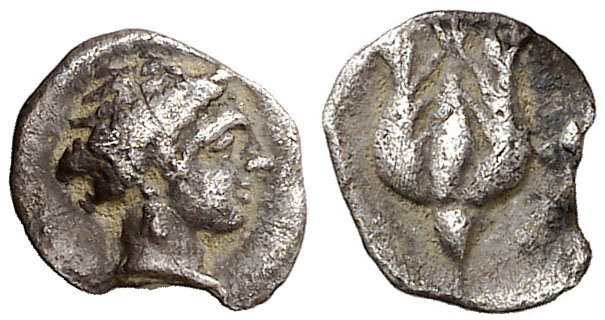 Rhode. Divisor. Cabeza femenina a derecha/ Rosa vista de lado con tres pétalos visibles. Finales s. IV ac - principios s. III. ACIP 131 R10 109111