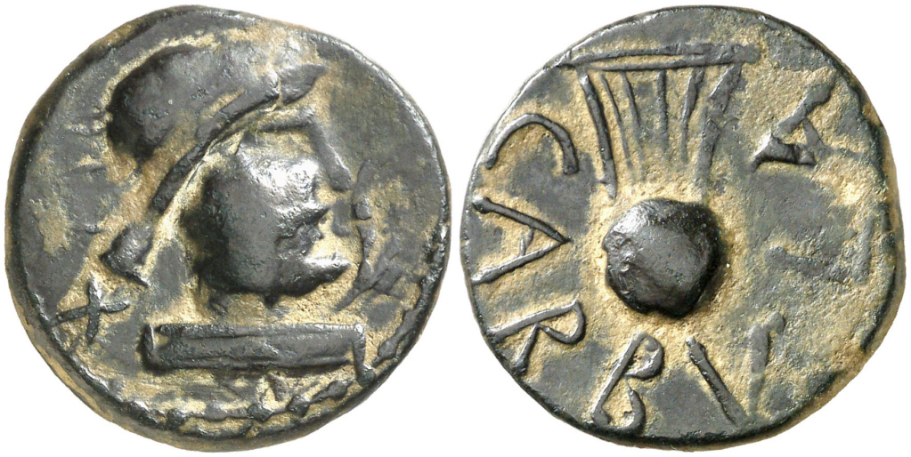 Carbula. Semis. Cabeza femenina con moño a derecha, delante creciente, detrás X/ Lira, alrededor CARBVLA, gráfila de puntos. Emisiones de principios del s. II ac. ACIP 2313 R3 109613