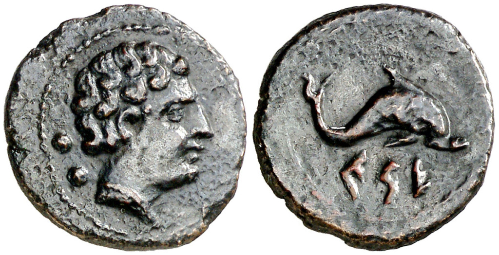 Kese. Sexto. Cabeza masculina a derecha, detrás dos glóbulos/ Delfín a derecha, debajo leyenda KESE núm. 6. Emisiones de 24 monedas en libra, de principios del s. II ac. ACIP 1120 R8 112610