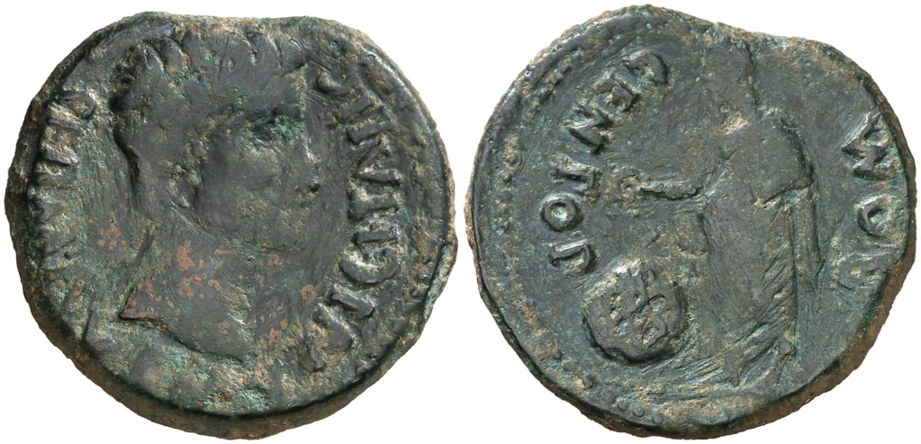 Italica. As. Cabeza de Augusto a derecha PERM AVG MUNIC ITALIC/ Genio del pueblo romano, en pie a izquierda con glóbulo delante del pie derecho GEN POP ROM. Emisiones a nombre de Augusto, 27 ac - 14 dc. ACIP 3328 118010