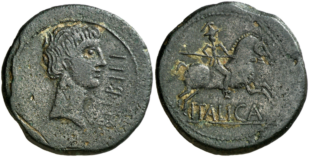 Bilbilis. As. Cabeza masculina a derecha, delante leyenda BILBILI/ Jinete con lanza a derecha, debajo sobre línea ITALICA. Emisiones anteriores al 27 ac, ACIP 1580 R 118511
