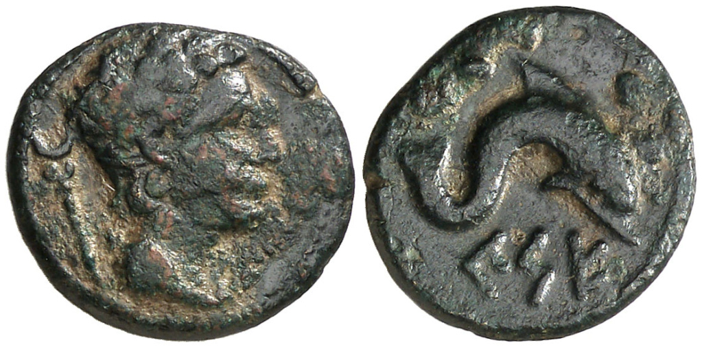 Kese. Seiseno. Cabeza masculina a derecha, mantel en cuello, detrás caduceo/ Delfín a derecha, encima dos glóbulos, debajo leyenda KESE núm. 6. Emisiones de 24 monedas en libra, de principios del s. II ac. ACIP 1134 R5 132513