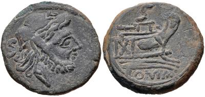 Imitaciones de moneda romana. Semis. Cabeza de Saturno a derecha, detrás S/ Proa de nave a derecha, encima S, debajo ROMA. Emisiones del s. I ac. ACIP 2659 R7 13650210