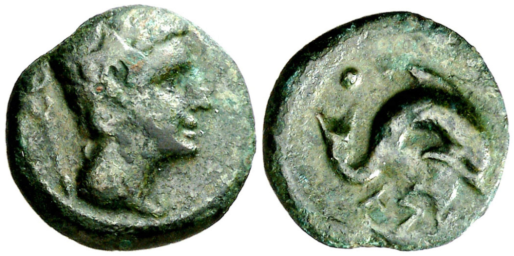 Kese. Seiseno. Cabeza masculina a derecha, mantel en cuello, detrás caduceo/ Delfín a derecha, encima dos glóbulos, debajo leyenda KESE núm. 6. Emisiones de 24 monedas en libra, de principios del s. II ac. ACIP 1134 R5 139010