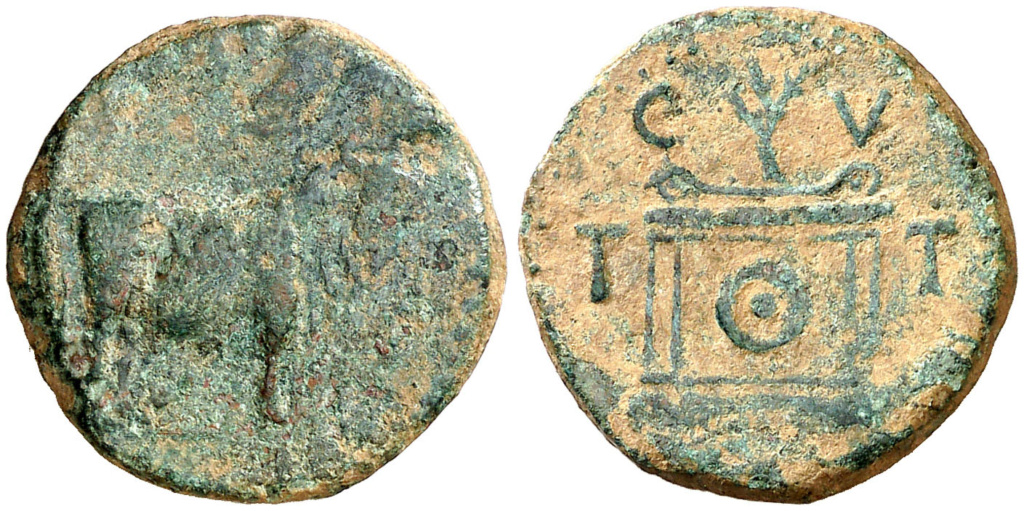 Tarraco. Semis. Toro mitrado parado a derecha/ Ara con palma, C V T T. Emisiones en tiempos de Tiberio dedicadas a Augusto divinizado, posteriores al 15 dc. ACIP 3271 141311