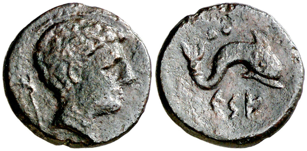 Kese. Seiseno. Cabeza masculina a derecha, mantel en cuello, detrás caduceo/ Delfín a derecha, encima dos glóbulos, debajo leyenda KESE núm. 6. Emisiones de 24 monedas en libra, de principios del s. II ac. ACIP 1134 R5 142910