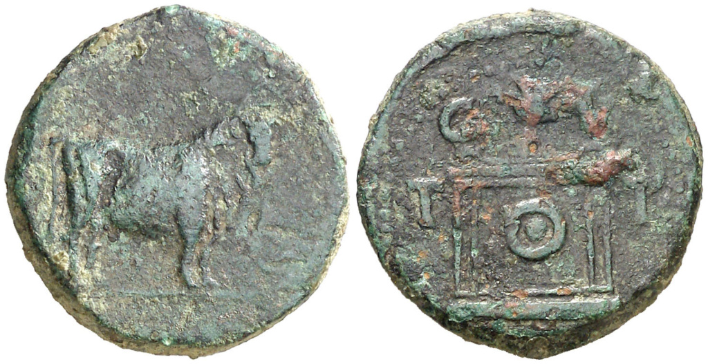 Tarraco. Semis. Toro mitrado parado a derecha/ Ara con palma, C V T T. Emisiones en tiempos de Tiberio dedicadas a Augusto divinizado, posteriores al 15 dc. ACIP 3271 143610