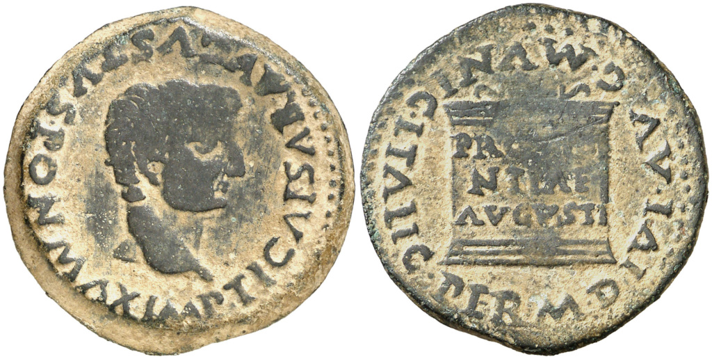 Italica. As. Cabeza de Tiberio a derecha TI CAESAR AVGVSTVS PON MAX IMP/ Altar con texto PROVIDE NTIAE AVGVSTI, alr. MUNIC ITALIC PERM DIVI AVG. Emisiones a nombre de Tiberio, 14-37 dc. ACIP 3333 211411