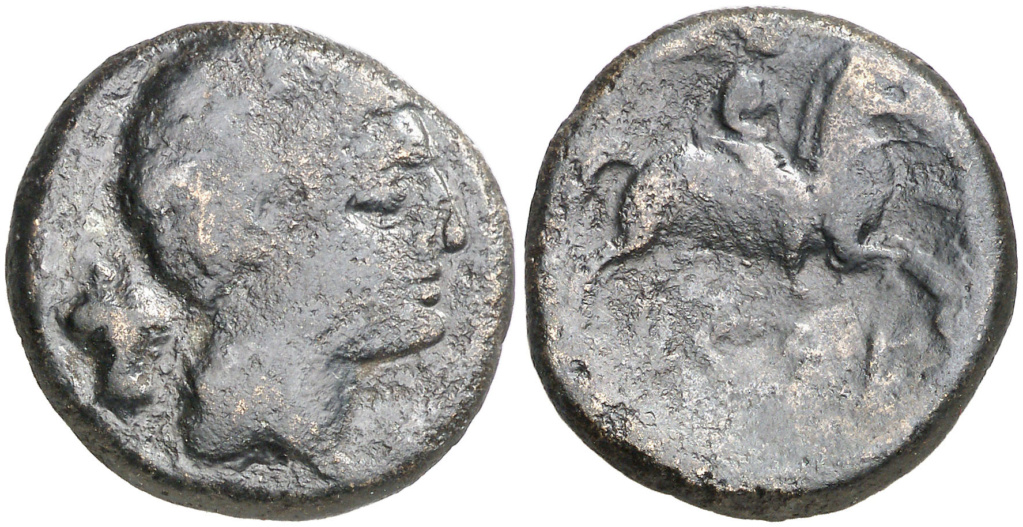 Kese. Unidad. Cabeza masculina a derecha, mantel en cuello, detrás crátera/ Jinete con palma a derecha, debajo sobre línea leyenda KESE núm.7. Emisiones de 30 monedas en libra, de la segunda mitad del s. II ac. ACIP 1173 R8 227211