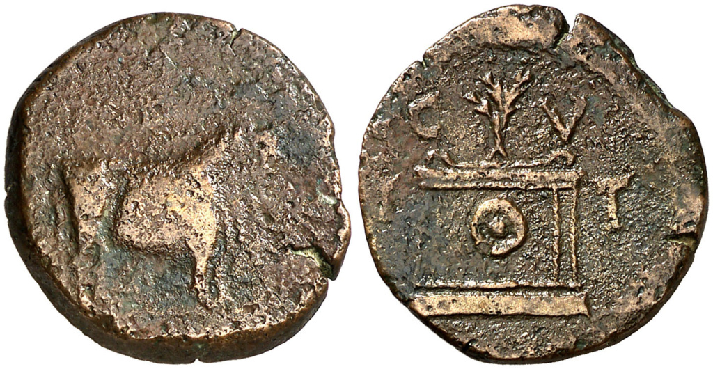 Tarraco. Semis. Toro mitrado parado a derecha/ Ara con palma, C V T T. Emisiones en tiempos de Tiberio dedicadas a Augusto divinizado, posteriores al 15 dc. ACIP 3271 237810