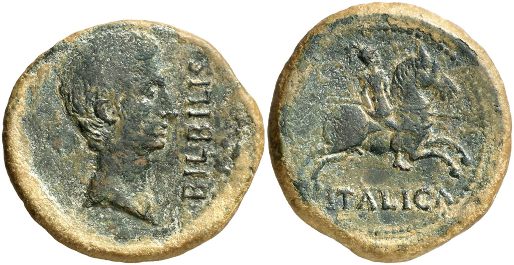 Bilbilis. As. Cabeza masculina a derecha, delante leyenda BILBILIS/ Jinete con lanza a derecha, debajo ITALICA. Emisiones anteriores al 27 ac, ACIP 1582 R4 318410
