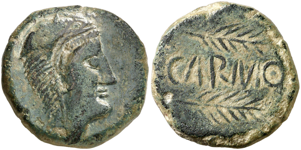 Carmo. As. Cabeza de Hércules a derecha, cubierta con piel de león/ Dos palmas tumbadas a derecha, entre ellas CARMO. Emisiones de la segunda mitad del s. II ac. ACIP 2398 R7 319010