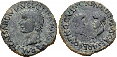 Carthago Nova. As. Cabeza de Tiberio a izquierda. TI CAESAR DIVI AVGVSTI F AVGVSTVS PM/ Cabezas de Nerón y Druso enfrentadas, NERO ET DRVSVS CAESARES QUVINQ C V I N C. Emisiones tiempos de Tiberio dedicadas a Nerón y Druso 23-29 dc. ACIP 3149 32896410