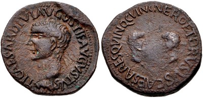 Carthago Nova. Semis. Cabeza de Tiberio a izquierda. TI CAESAR DIVI AVGVSTI F AVGVSTVS PM/ Cabezas de Nerón y Druso enfrentadas, NERO ET DRVSVS CAESARES QUVINQ CVINC. Emisiones tiempos de Tiberio dedicadas a Nerón y Druso 23-29 dc. ACIP 3151 32970110