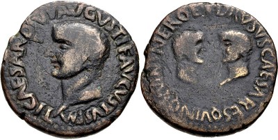 Carthago Nova. As. Cabeza de Tiberio a izquierda. TI CAESAR DIVI AVGVSTI F AVGVSTVS PM/ Cabezas de Nerón y Druso enfrentadas, NERO ET DRVSVS CAESARES QUVINQ C V I N C. Emisiones tiempos de Tiberio dedicadas a Nerón y Druso 23-29 dc. ACIP 3149 32982110