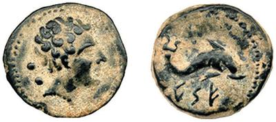 Kese. Sexto. Cabeza masculina a derecha, detrás dos glóbulos/ Delfín a derecha, debajo leyenda KESE núm. 5. Emisiones de 18 monedas en libra, anteriores al 211 ac. ACIP 1112 R5 46058911