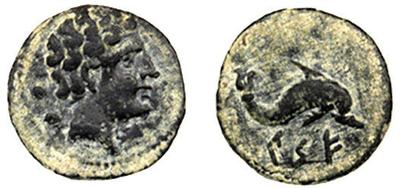 Kese. Sexto. Cabeza masculina a derecha, detrás dos glóbulos/ Delfín a derecha, debajo leyenda KESE núm. 6. Emisiones de 24 monedas en libra, de principios del s. II ac. ACIP 1120 R8 46058919