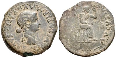 Emerita Augusta. Dupondio. Busto de Livia a derecha, PERM AVGVSTI SALVS AVGVSTA/ Livia sentada en trono a der, con cetro y dos espigas de trigo, C AE IVLIA AVGVSTA. Emisiones en tiempos de Tiberio dedicadas a Livia, mujer de Augusto, 14-37 dc. ACIP 3405 47221710