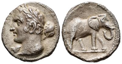 Hispano-cartaginesas. Shekel y medio. Cabeza masculina laureada a izquierda, con clava/ Elefante a derecha. Emisiones tipo Elefante. Segunda mitad s. III ac. ACIP 554 R5 67093210