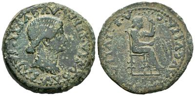Emerita Augusta. Dupondio. Busto de Livia a derecha, PERM AVGVSTI SALVS AVGVSTA/ Livia sentada en trono a der, con cetro y dos espigas de trigo, C AE IVLIA AVGVSTA. Emisiones en tiempos de Tiberio dedicadas a Livia, mujer de Augusto, 14-37 dc. ACIP 3405 68303411