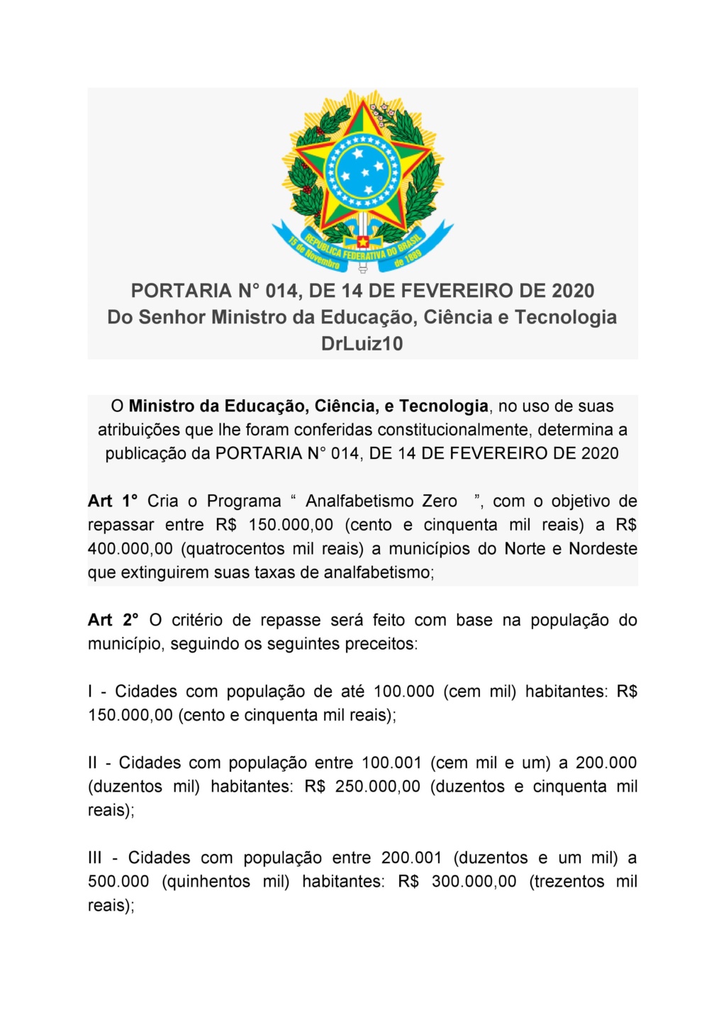 [Portaria] 014/2020 Cria o Programa Analfabetismo Zero - MECT 0001_210