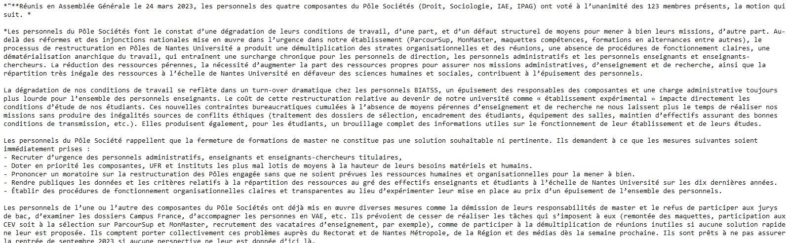 « Pour la faculté de droit et sciences pol de Nantes, le burn-out, c'est aujourd'hui » Motion10