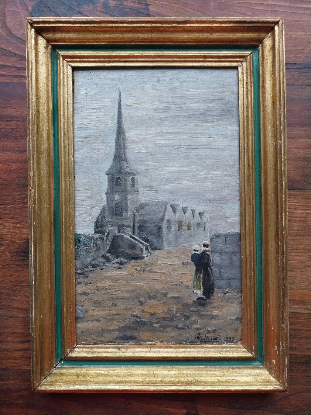 Peinture à l'huile sur toile Paysage et Eglise Bretagne ? de 1926 signature de ?  Bb110
