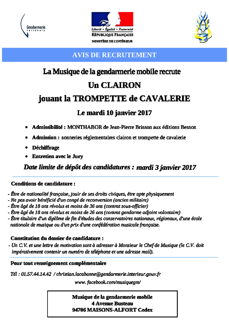 Recrutement de Clairon/Trompette de cavalerie à la Gendarmerie Mobile le 10 janvier 2017 Avis_d10