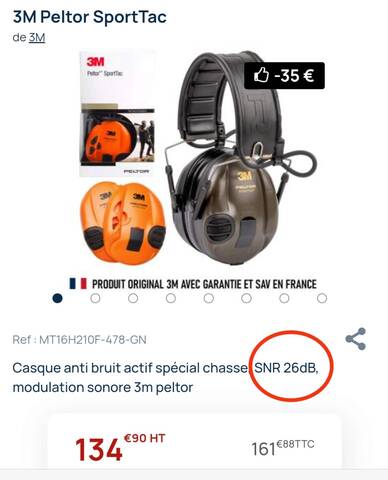 SportTac Casque Peltor Anti Bruit Actif Spécial Chasse, SNR 26dB