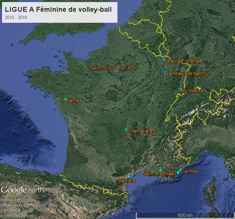 Géographie de la Ligue A Féminine de volley-ball (France) Ligue_10