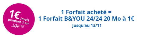 1 Forfait B&YOU acheté = 1 Forfait B&YOU 24/24 20 Mo à 1 €/mois 14765110