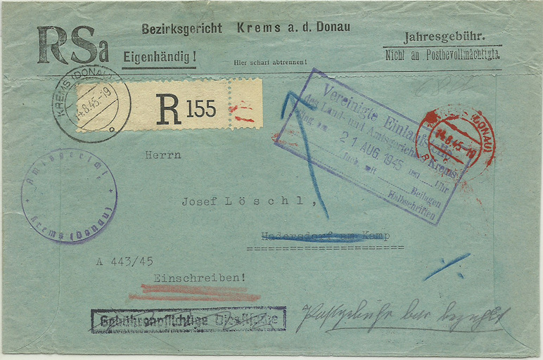 Postgebühren für Rückscheinbriefe der Behörden in der 2.Republik 19450810