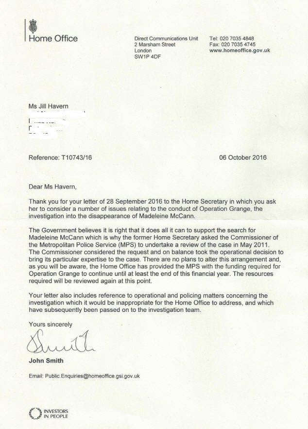 Letter sent today to the Prime Minister and Sir Bernard Hogan-Howe suggesting Met Police enquiry into Maddie McCann mystery is not genuine Home_o10