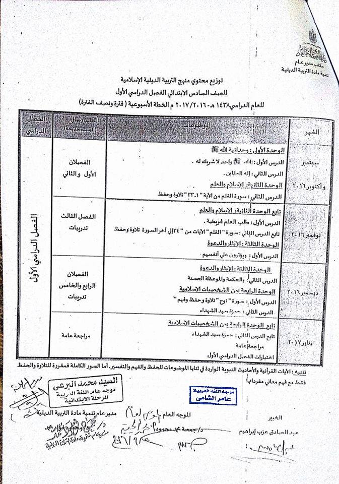 توزيع منهج التربية الإسلامية للصف السادس الإبتدائى ترمين"2016-2017" __o_uo11