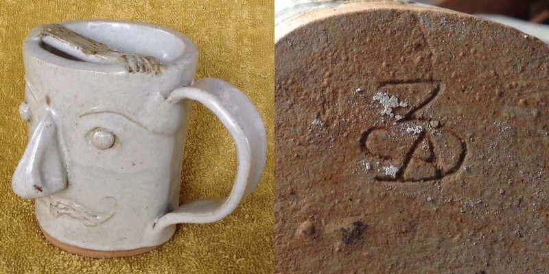  slab-formed face mug with big nose (moustache cup) and thrown mug with white eyes Bignos10